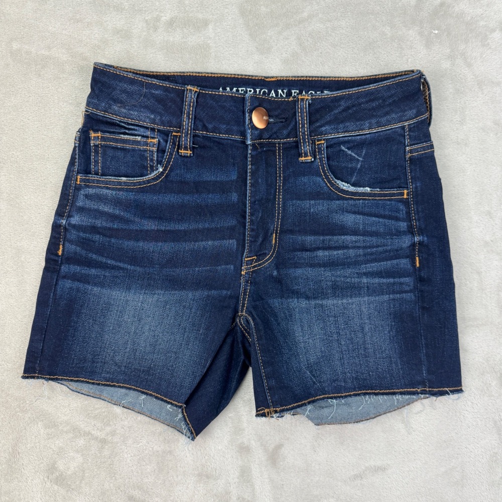 American Eagle Jean Shorts Womens 0 Blue Slim Hi Rise Shortie Dark‎ Wash Raw Hem